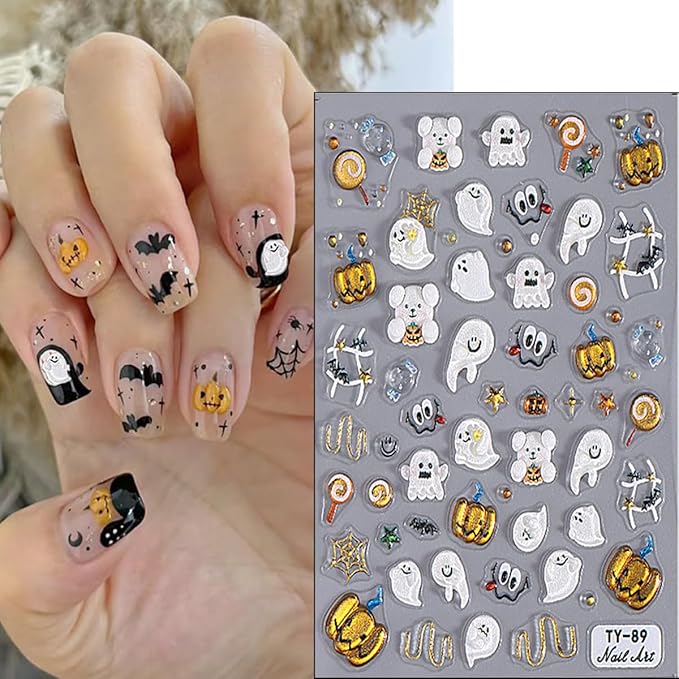 2Sheets 5D Cute Ghost Nail Art Stickers Embossed Cartoon Skull Bat Pumpkin Nail Decals Spooky Halloween Nail Stickers Fall Holiday Nail Design Decals Decoration for Women DIY Manicure Supplies
