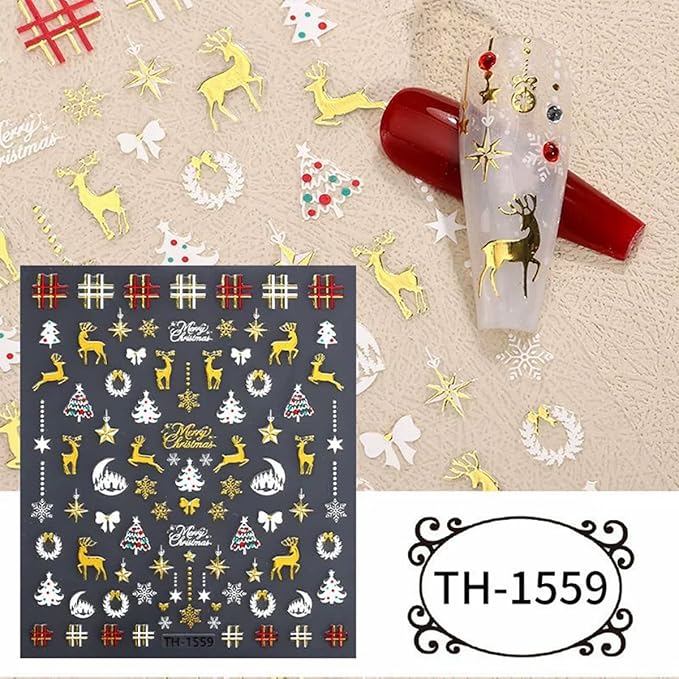 3D Christmas Nail Stickers for Nail Art, Gold Self-Adhesive Christmas Nail Art Stickers Decals 6PCS Deer Snowflake Crystal Ball Bow Tree Snowman Xmas Nails Design Holiday Manicure Supplies for Women