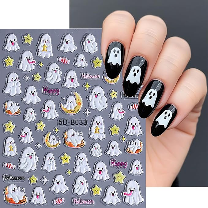 3 Sheets Halloween Nail Art Stickers Ghost Spider and Pumpkin Nail Stickers Cute Nail Decals for Nails Art 3D Self-Adhesive Nail Art Supplies for Women Girls