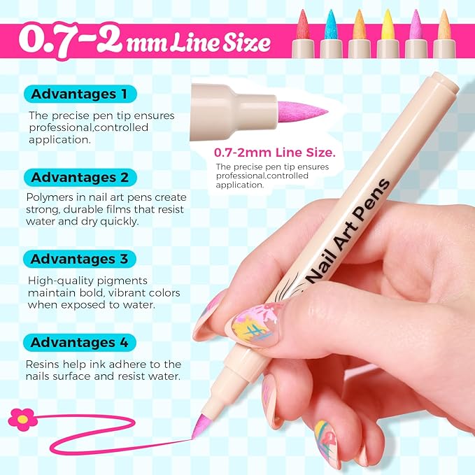 6 Colors Nail Art Pens Set - 3D Nail Polish Pens 0.7MM Acrylic Paint Pens Nail Markers for Nail Art Dotting Drawing Painting Liner Brush for DIY Home & Salon Halloween Decoration Beginners Gifts