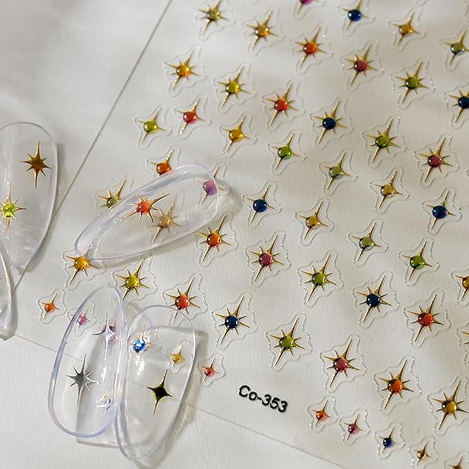 Star Nail Art Stickers, Colorful Cross Star Rhinestones Gold + Jelly Nail Design Shiny Mini Stars Nail Art Supplies 5D Relief Self Adhesive Decor Sticker DIY French Manicure Decal for Women