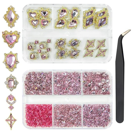 24pcs Pink Luxury Nail Charms +2000pcs Rhinestones 3D Big Nail Gems K9 Glass Nail Crystals Diamonds Jewelry Stones Alloy Nail Art Studs Decor Supplies Heart Charms for Arylic Nails DIY Crafts