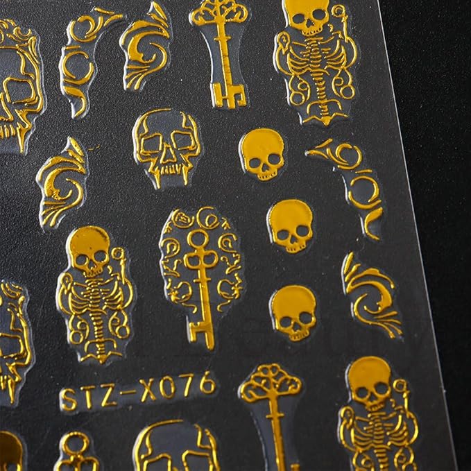 4Pcs Halloween Nail Stickers Gold Skull Nail Decals 3D DIY Self Adhesive Nail Design Sticker Halloween Nail Decoration Supplies Holiday Manicure Accessories for Women Girls