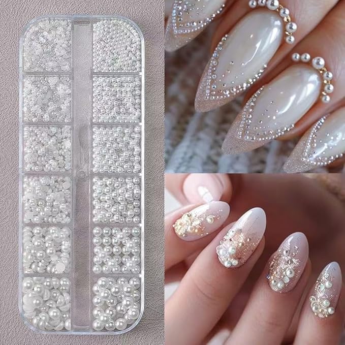 24Grid Shiny Colorful Nail Art Rhinestones 3D Flatback Rhinestones Pearl Nail Charms and Crystals Gems Nail Accessories for Acrylic Nail Tips Manicure Decor
