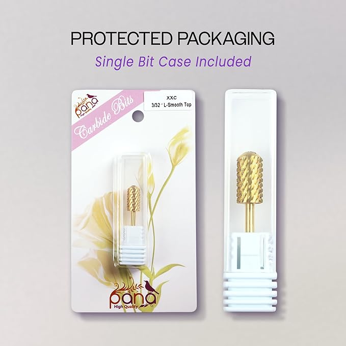 PANA 3/32" Large Smooth Round Top Safety Carbide Nail Drill Bit for Gel Polish & Acrylic Removal Nail Salon Manicure Pedicure Electric File Tools (Large Barrel - Gold, 2X Coarse)