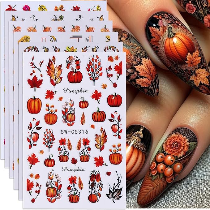 Fall Nail Stickers Autumn Pumpkin Maple Leaf Nail Art Stickers 6PCS 3D Self-Adhesive Fallen Leaf Pumpkins Flowers Fall Nails Design Manicure Decals Supply for Thanksgiving Day DIY Nail Decorations