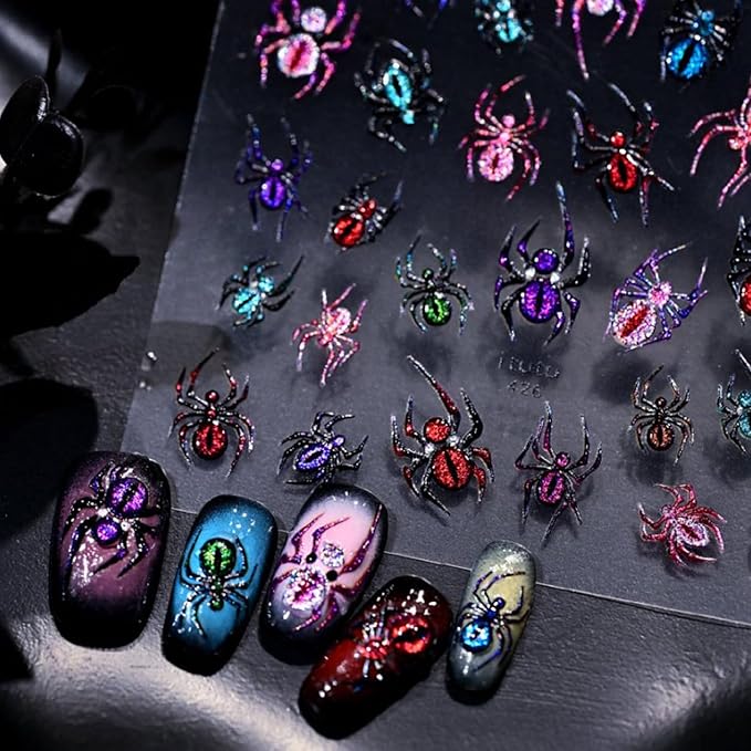 5D Spider Halloween Nail Stickers for Nail Art 3D Glitter Spider Web Nail Decals 1 Sheets Colorful Relief Spider Nail Art Designs Festive Embossed Adhesive Sliders Decal DIY Manicure Decor for Women