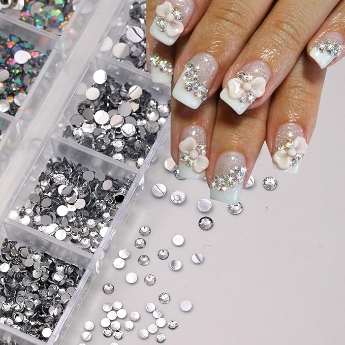 12Grids Shiny Rhinestone Nail Art Charms - 3D Colorful Rhinestones Nail Charms for Acrylic Nails Sliver Diamonds Nail Jewelry with Sliver Flat Back Designs for Women DIY Manicure Crafts Decor Supply