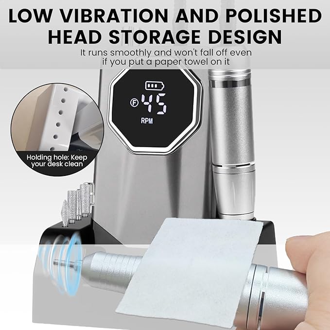 45000RPM Professional Cordless Portable Nail Drill Cordless Low Noise Nail Filer Electric Machine with Efile Bits & Base for Acrylic Nails, Nail Buffer Machine for Salon Home (Grey)