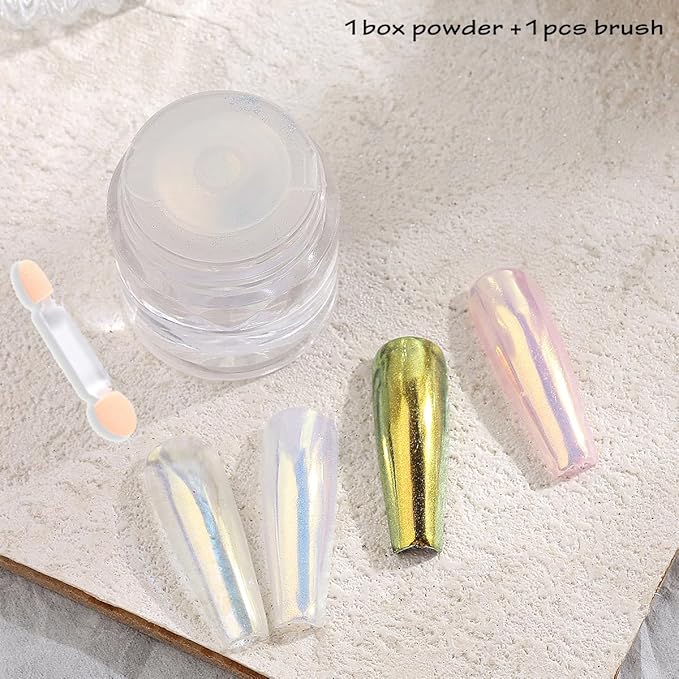 Unicorn Chrome Nail Powder, 1 Box Gold Aurora Powder, Iridescent Chrome Powder Metallic Mirror Effect Pigment, Fairy Powder Mermaid Glitter Dust Shell Pearl Nail Cromer Powder Manicure Dust