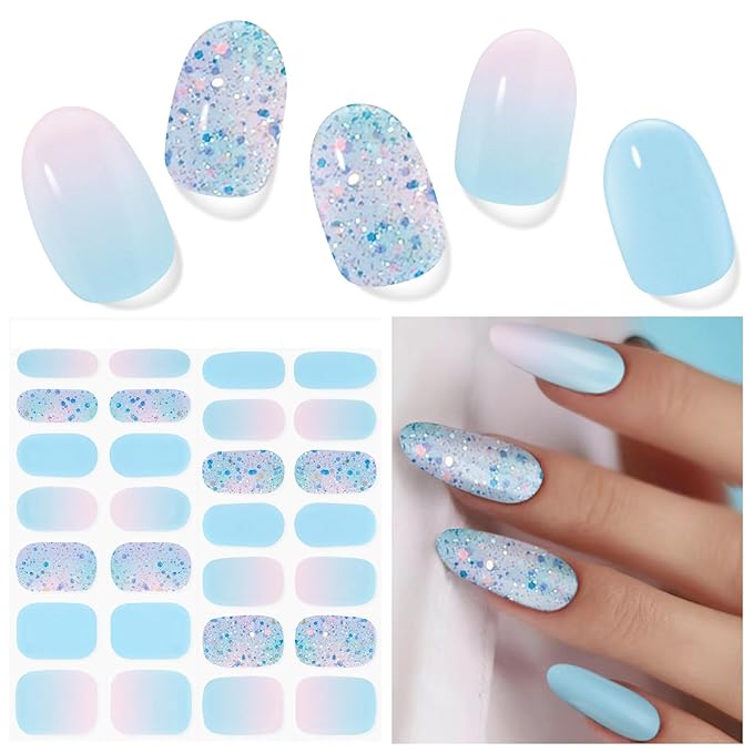 Semi Cured Gel Nail Strips (Summer Blue), 28 pcs UV Gel Nail Stickers for Women Work with Any UV Lamps, Salon Quality Nails Wraps for Home DIY Nails Art