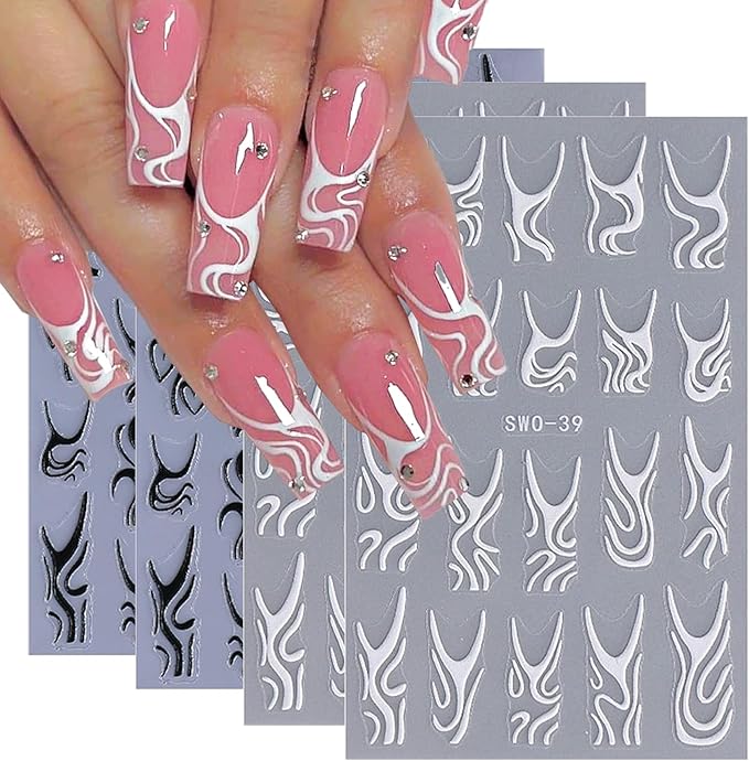 Line Nail Stickers 3D Self Adhesive Nail Art Stickers French Nail Decals Irregular Lines Black White Heart Design Cute Nails Sticker for Nails Art for Women Decoration Salon Manicure Supplies