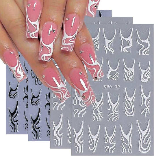 Line Nail Stickers 3D Self Adhesive Nail Art Stickers French Nail Decals Irregular Lines Black White Heart Design Cute Nails Sticker for Nails Art for Women Decoration Salon Manicure Supplies