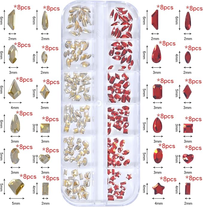 HNUIX Nail Rhinestones for Nails - 3D Multi Shapes, Flat Back, Small Nail Gems, Champagne Gold & Red Nail Diamonds, with Kit, for Nail Art, DIY Decor