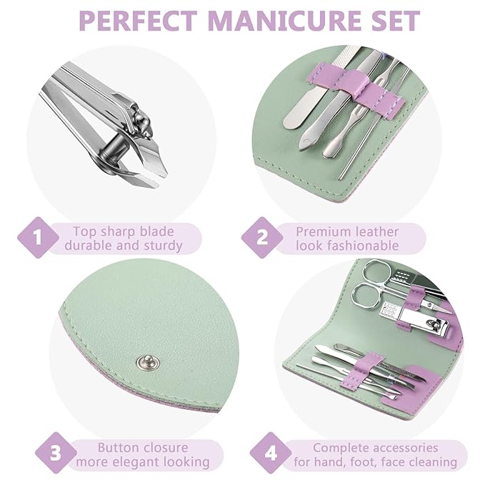 12 Set Manicure Set Bulk Mini Manicure Nail Clipper Kit 7 in 1 Stainless Steel Professional Nail Care Pedicure with Travel Portable Bag Grooming Kits for Christmas Women Men Home(Purple)