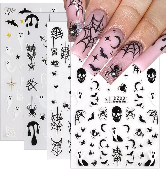 4 Sheets Rhinestones Halloween Stickers 3D Self Adhesive Spider Ghost Nail Art Stickers Glitter Luxury Charms Nail Decals Spooky for Women Halloween DIY Manicure Salon
