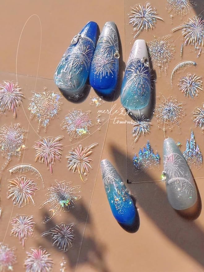 Fireworks Nail Stickers 5D Embossed – Premium Salon-Quality Nail Charm Accessories, Easy Application & Self-Adhesive Pink Festival Theme Park Sticker, DIY Manicure, Nail Art, Press on, Home or Salon