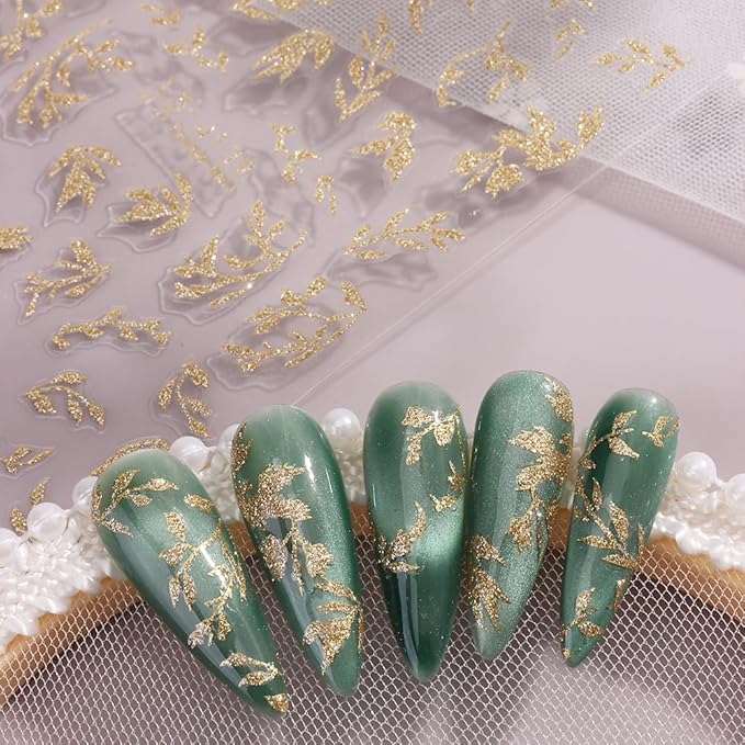 New Chinese Style Nail Stickers - Gold Foil Glitter Golden Branches Jade Leaves Design, Self-Adhesive Nail Art Decals A Set of 1 Sheets
