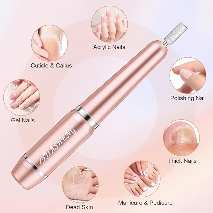 JIASHENG USB Electric Nail Drill, Portable File for Acrylic Gel Nails, Professional Kit for Manicure and Pedicure With Drill Bits for Home and Salon Use, Gold