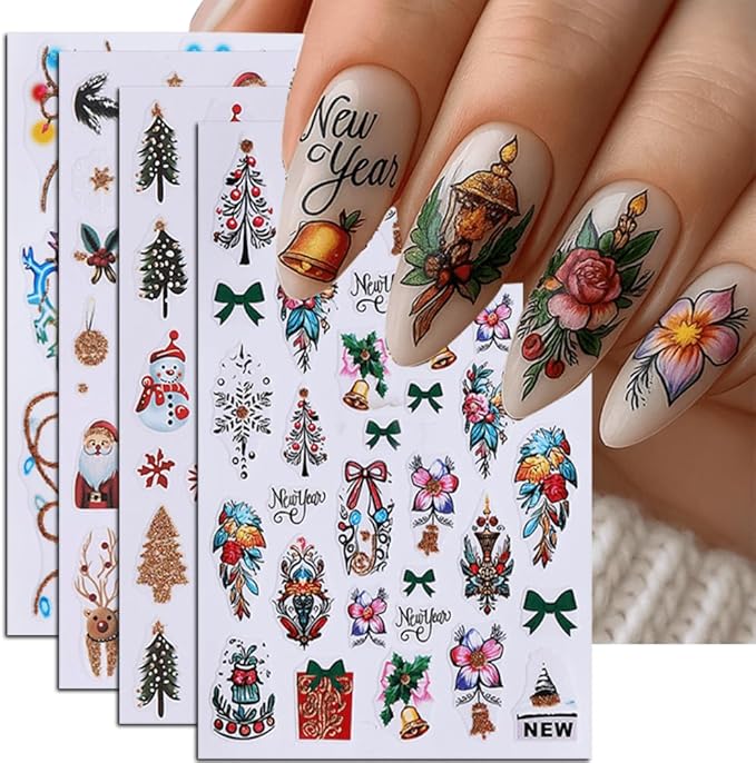 4Pcs Christmas Nail Stickers Santa Claus Snowman Nail Decals DIY Self Adhesive Christmas Tree Poinsettia Flowers Colored Lights Design Nail Decoration Supplies Holiday Manicure Accessories for Women