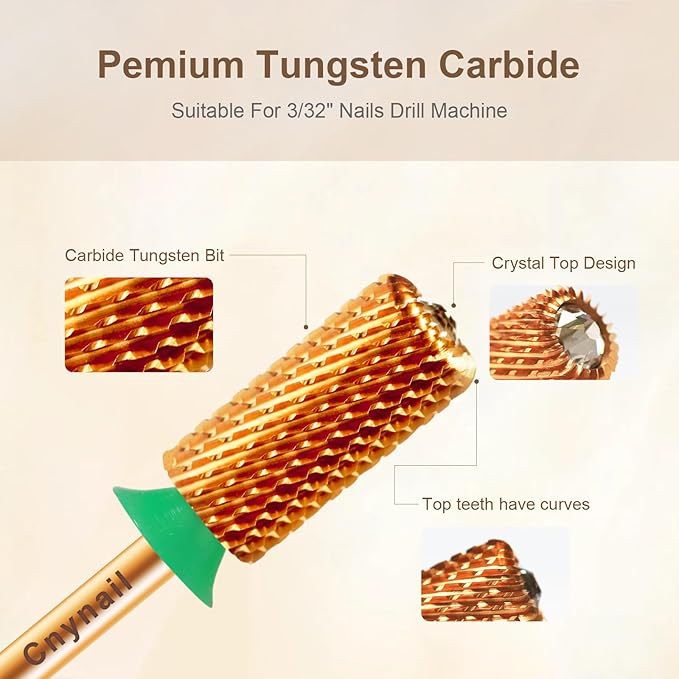 3/32" Large Barrel Crystal Top Tungsten Carbide Nail Drill Bit Safety Bit for Gel & Acrylic Removal, 2-Way Rotating Efile Tip, Salon Electric File Accessory (C Grit, Ti-Gold)