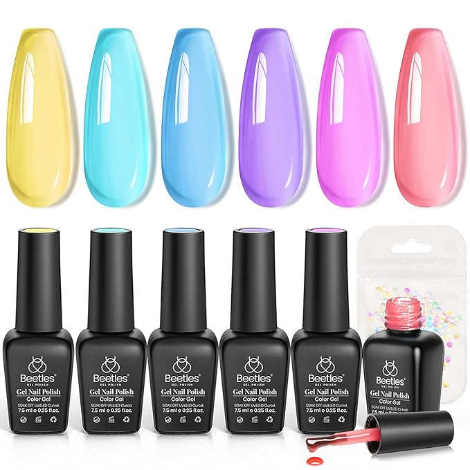 Beetles Pastel Gel Nail Polish Set, 6 Colors Jelly Pink Red Blue Green Purple Yellow Gel Polish kit Spring Summer Crystal Glass Translucent Effect Rainbow French Nail Art Soak Off UV Gift for Women