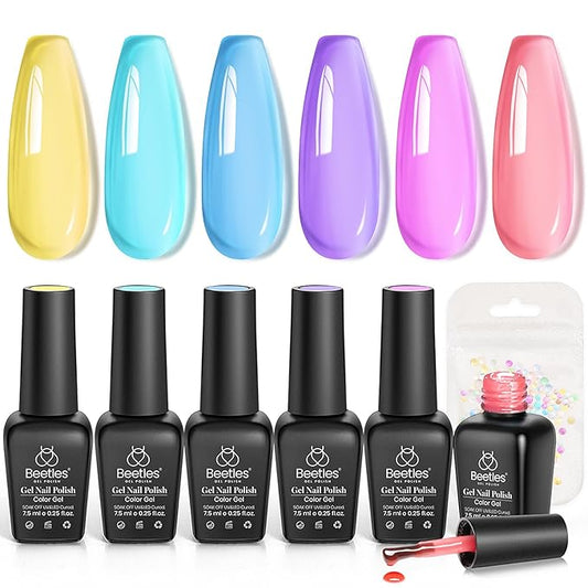 Beetles Pastel Gel Nail Polish Set, 6 Colors Jelly Pink Red Blue Green Purple Yellow Gel Polish kit Spring Summer Crystal Glass Translucent Effect Rainbow French Nail Art Soak Off UV Gift for Women