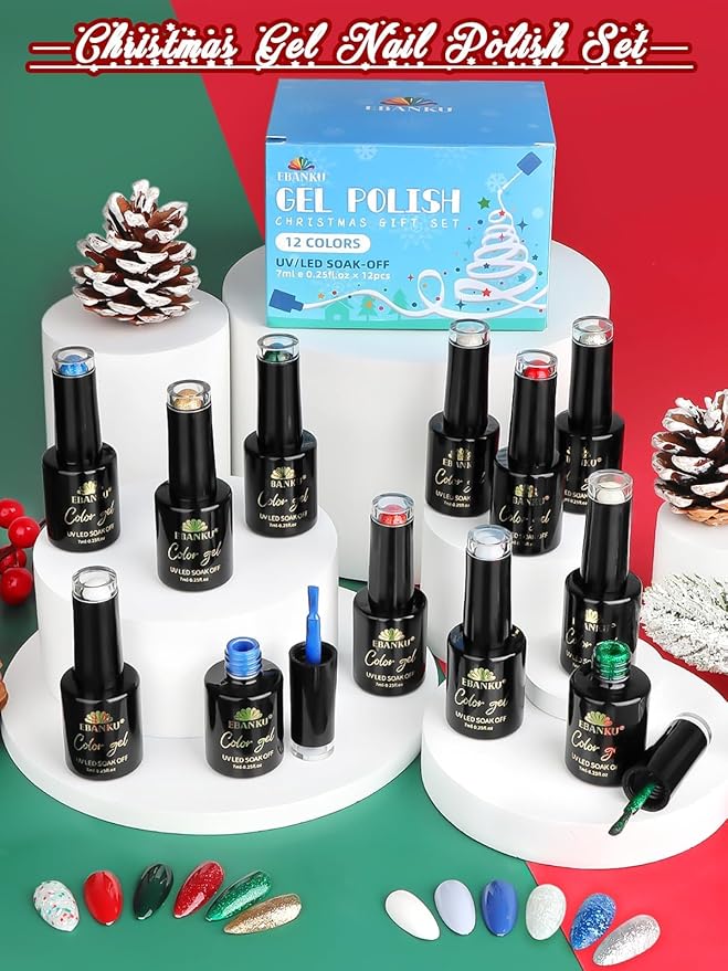 EBANKU Gel Nail Polish Kit, 12 Colors Gel Polish Kit Red Green Gel Polish Glitter Blue Silver Gel Polish Set Christmas Nail Polish Kit DIY Manicure Set For Holiday Nail Art Decoration