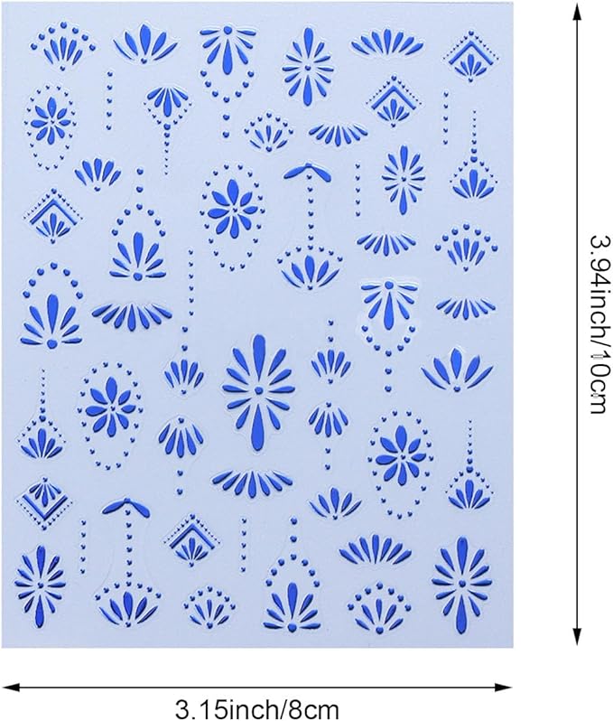 Bohemian Nail Art Stickers, Gold Silver Blue Floral Designs, Self-Adhesive 3D Decorative Decals for Women, Summer Nail Decoration, 6 Sheets