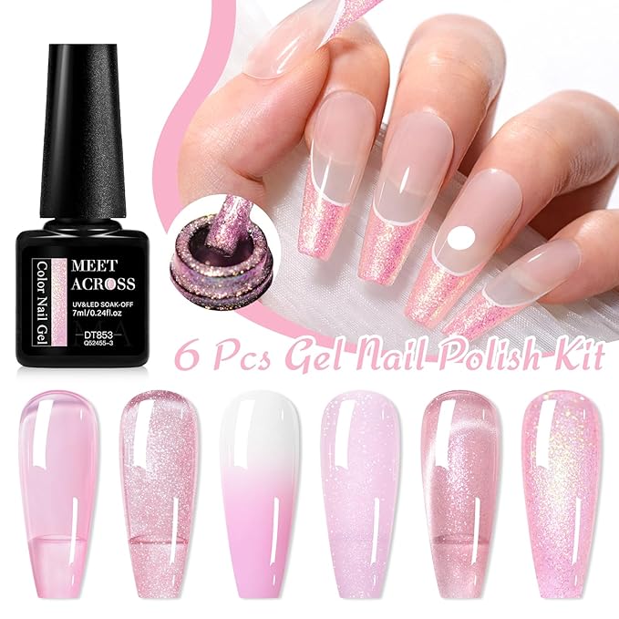 MEET ACROSS Gel Nail Polish Set 6 Pcs Glitter Colors Gel Nail Kit Art Design Soak Off UV LED (SET-7, 6pcs)