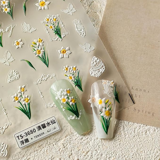 White Flower Nail Art Stickers Decals 5D Self Adhesive Spring Summer Nail Stickers for Nail Art Butterfly Floral Nail Decals for Women Girls
