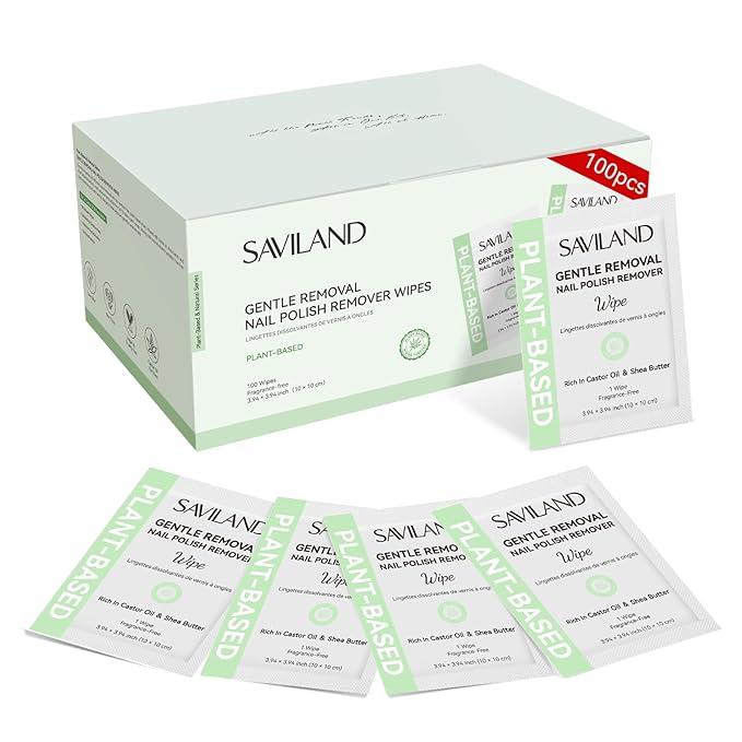 SAVILAND Plant-Based Nail Polish Remover Pads: Non Acetone Nail Polish Remover Wipes 100 Pcs Castor Oil & Shea Butter Travel Nail Kit Large Pads for Sensitive Nails Remover Salon Use