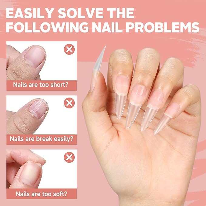 UNA GELLA Clear Stiletto Nails Tips Half Cover Stiletto Gel Nail Tips 216pcs Almond Shape False Acrylic Nail Tips for Faster Gel Nail Extension DIY Art Salon Press On Nails 12 Sizes