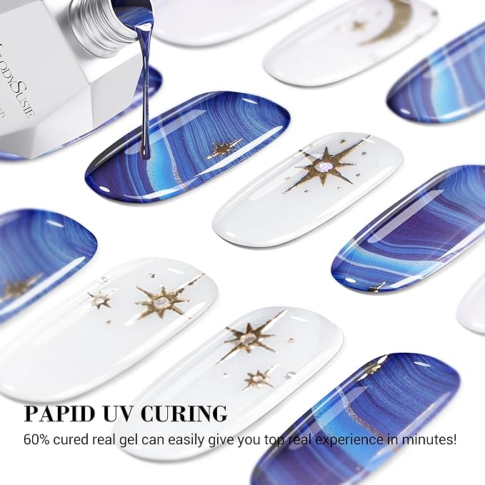 MelodySusie Semi Cured Gel Nail Strips (Starry Night), 20 PCS Stars Gel Nail Stickers, Deep Blue Gel Nail Wraps, UV Light Required, Durable and Salon Quality