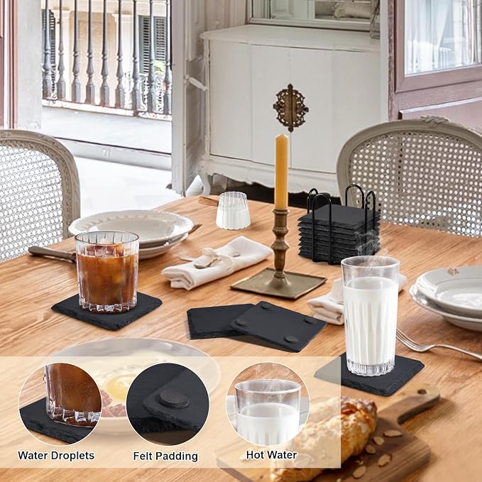 Slate Drink Coasters with Holder, 4 Inch 12 Pieces Square Rustic Coasters Black - Image 6