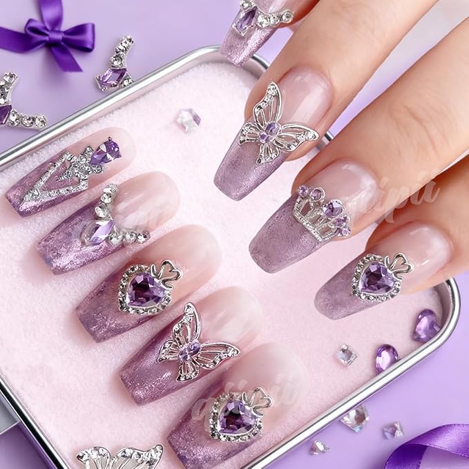 24pcs Purple Luxury Nail Charms Heart Rhinestones Charms 3D Big Crown Butterfly Nail Gems Crystals Diamonds Jewelry Stones Alloy Studs Supplies Decor for Arylic Nails Face Makeup DIY Crafts