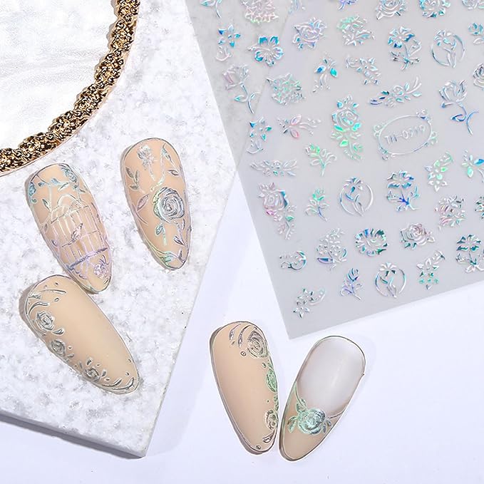 Glitter Flower Nail Stickers for Nail Art, Nails Art Stickers Decals Self Adhesive Floral Nail Sticker for Women Nails Decoration