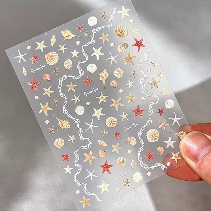 2 Sheet Summer Ocean Theme Nail Art Stickers Extra Shiny Shell Light 5D Shell Starfish for Nails Stickers Decals Gold Silver Star Jellyfish Self-Adhesive Design Nail Supplies for Women Manicure Decor