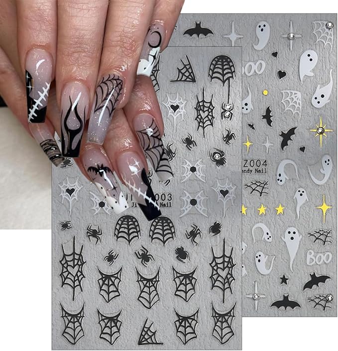 6Sheets Halloween Nail Stickers for Nail Art,3D Self-Adhesive Cute Ghost Spider Web Nail Decals with Rhinestones Design,Pink Pumpkin Spiders Skull Nail Art Stickers for Women Girls DIY Nail Decoration