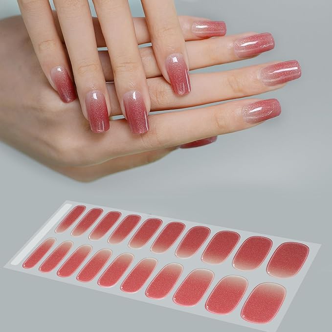 WOKOTO 1 Sheet Semi Cured Gel Nail Strips With Wood Stick, Nail File & Prepared Pads, 20 Tips Pink Gradient Glitter Semi Cured Nail Polish Strips, Harden With UV Light Gel Nail Stickers Wraps