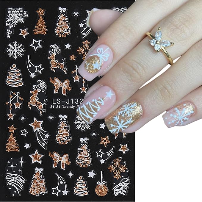 6 Sheets Glitter Christmas Nail Art Stickers 3D Self-Adhesive Snowflake Christmas Tree Nail Stickers Christmas Bell Ball Elk Nail Decals Acrylic Nail Supplies for Women Girls DIY Manicure Decoration