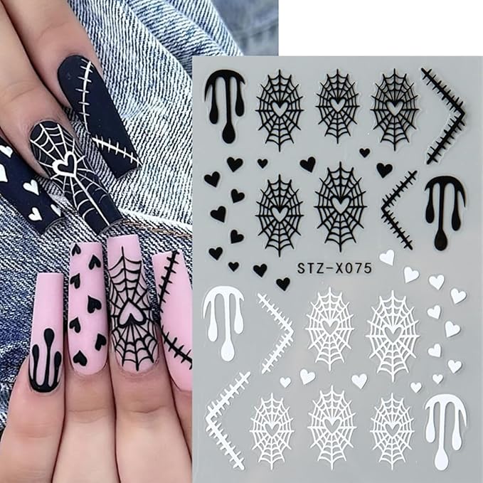 6 Sheets Halloween Nail Stickers Cute Ghost Nail Decals 3D Spider Web Goth Nail Design Sticker Scary Bloody Spider Nail Art Stickers French Manicure Decals Decoration for Women Holiday Salon Supplies