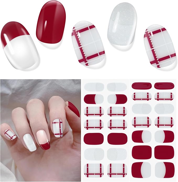 Semi Cured Gel Nail Strips | 28 pcs Gel Nails Strips for Women Work with Any UV Lamp, UV Nail Stickers for Women Home DIY Nails Art (Plaid Rhythm)