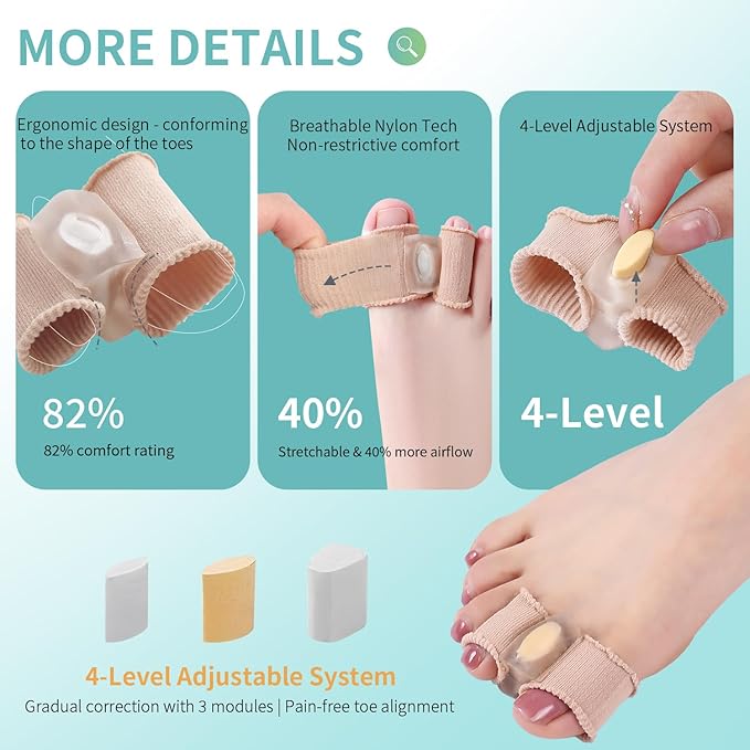 Adjustable Big Toe Separators for Women & Men Bunion Corrector & Hammer Toes Straightener, Silicone Spacers for Overlapping Toes, Corn Relief & Foot Pain Support, Soft Gel Protectors