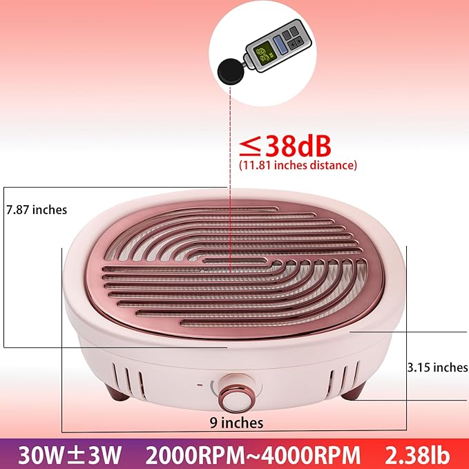 Nail Dust Collector with 2 Reusable Filters Quiet Nail Duster Collector Vacuum Cleaner with Adjustable Suction for Acrylic Nail Powerful Electric Extractor for Salon Home Magnetic Grid (Pink)