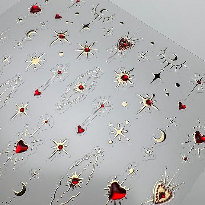 5D Embossed Gold Star Nail Stickers - Red Heart & Moon Nail Art Stickers for Valentine's Day DIY Manicure