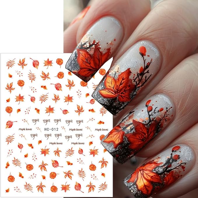 8 PCS Fall Nail Stickers for Nail Art 3D Self Adhesive Autumn Maple Leaf Design Nail Art Decals Thanksgiving Day Salon Accessories Cute Manicure Sticker for Women Holiday DIY Acrylic Nails