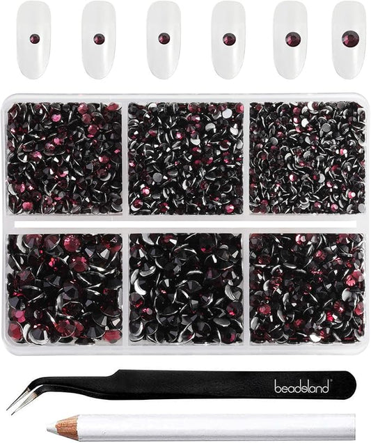 Beadsland 4300pcs Flatback Rhinestones,Burgundy Rhinestone Nail Gems Round Crystal Rhinestones for Crafts,Mixed 6 Sizes with Picking Tweezers and Wax Pencil Kit, SS6-SS20,Amethyst