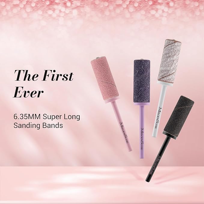 MelodySusie 50 Pcs Nail Drill Bits Super Long Sanding Bands with 6.65mm Crystal Mandrel Bit, 180 Fine Grit Nail File for Acrylic Nails Gel Manicures and Pedicure, Pink