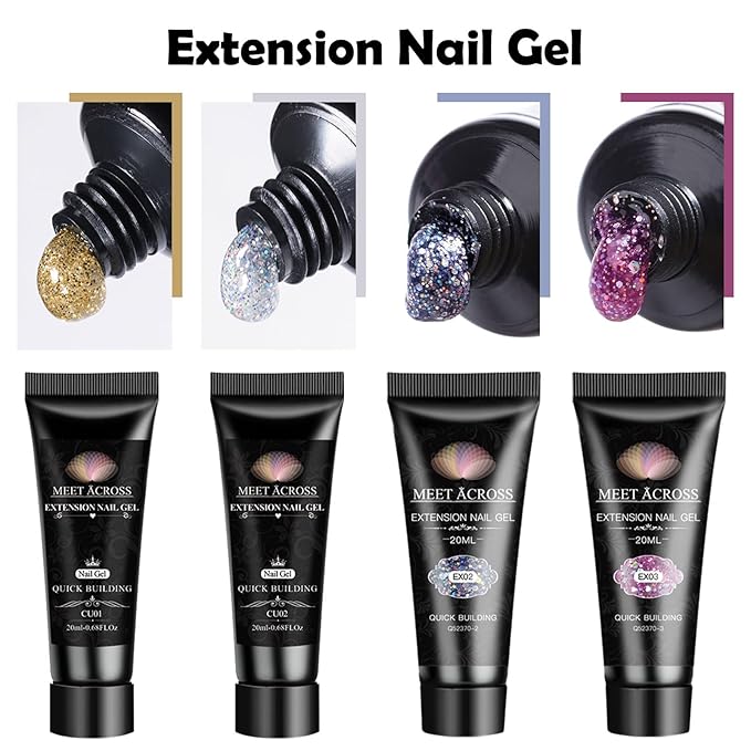 MEET ACROSS Poly Nail Gel 10Pcs Nail Extension Gel Set and Nail Extension Starter Kit for Beginners Nail Art DIY Home Gifts for Women (Glitter-2, 12pcs)